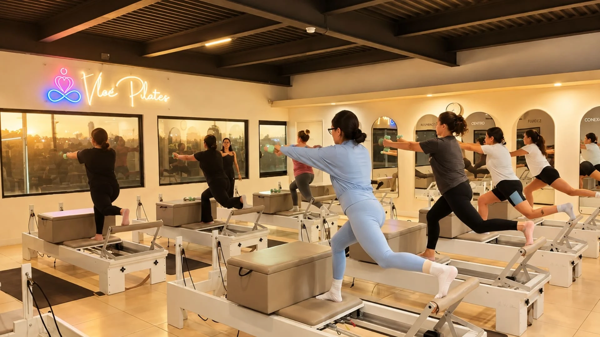 Interior del estudio Vloé Pilates con reformers y vista a la ciudad
